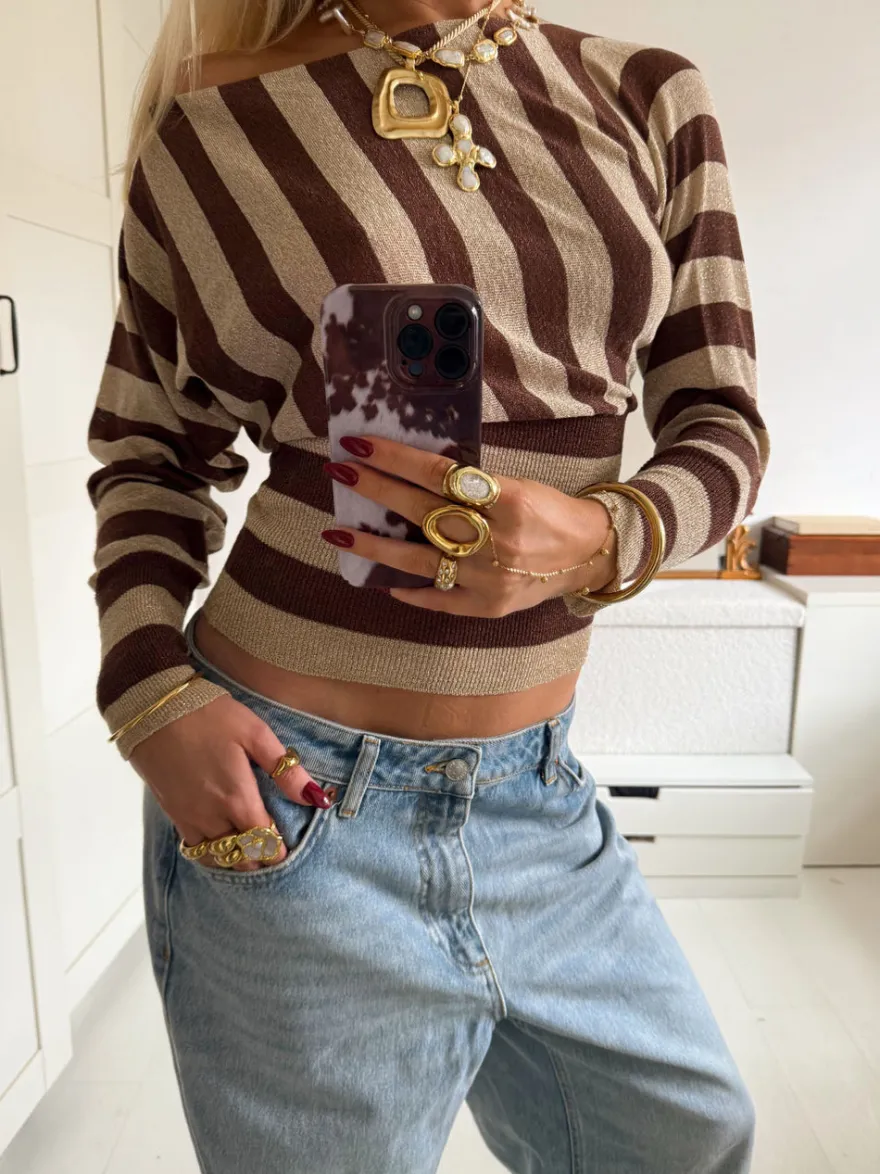 Design By Si Scandivv tætsiddende bluse med glitter - Brun/guld Outlet