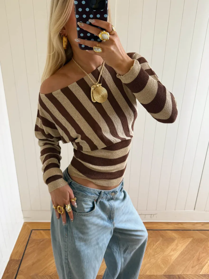 Design By Si Scandivv tætsiddende bluse med glitter - Brun/guld Outlet