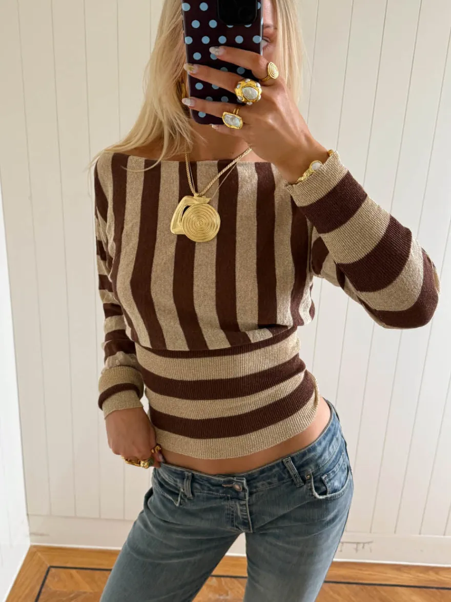Design By Si Scandivv tætsiddende bluse med glitter - Brun/guld Outlet