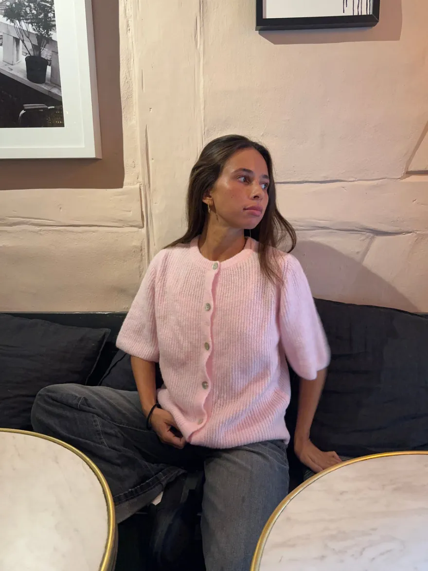 Design By Si Serena strikket kortærmet cardigan - Lyserød Online