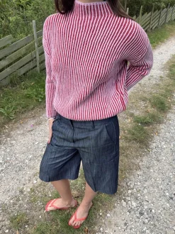 Design By Si Silkeline striktrøje med høj hals - Lyserød/rød Sale