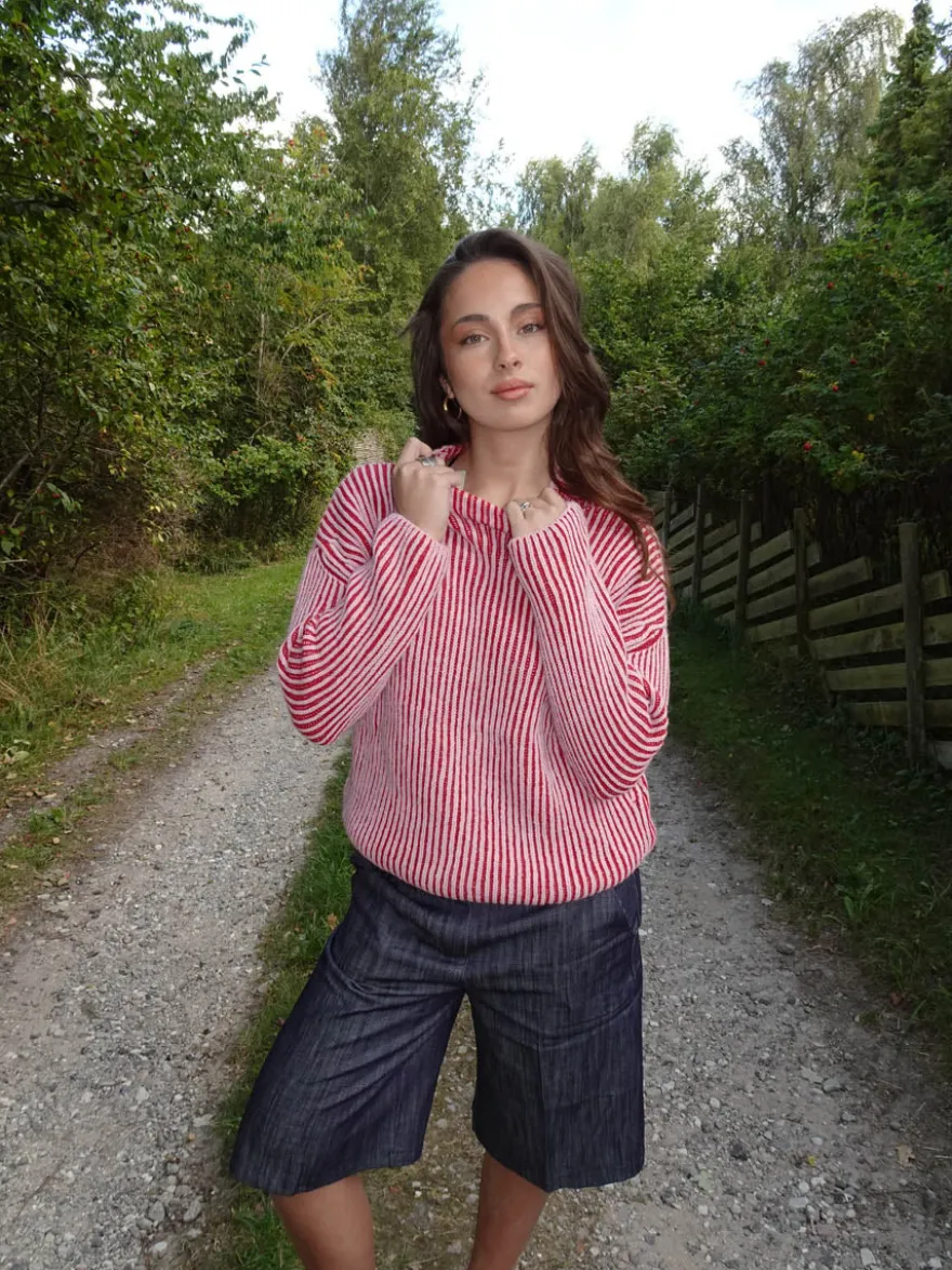 Design By Si Silkeline striktrøje med høj hals - Lyserød/rød Sale