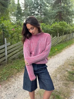 Design By Si Silkeline striktrøje med høj hals - Lyserød/rød Sale
