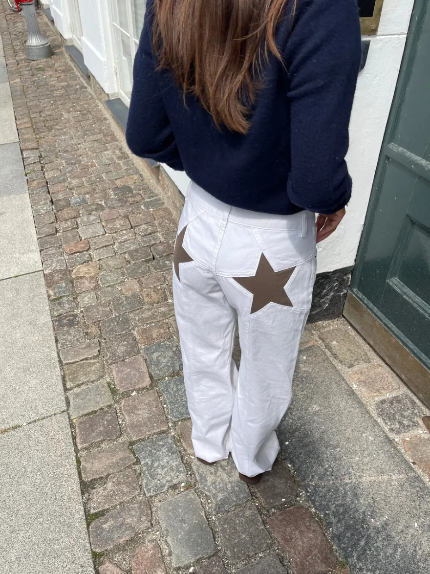 Design By Si Star jeans med brune stjerner - Hvid Clearance