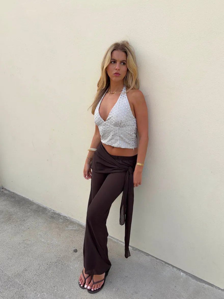 Design By Si Stiney halterneck top med palietter - Beige Outlet