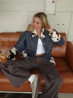 Design By Si Suiva denimjakke med koprint - Blå/brun/hvid New