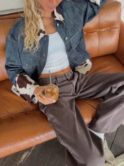 Design By Si Suiva denimjakke med koprint - Blå/brun/hvid New