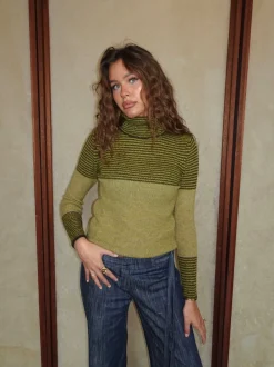 Design By Si Swela striktrøje med turtleneck - Grøn/brun Discount