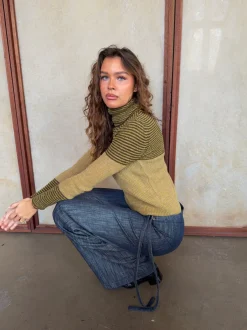Design By Si Swela striktrøje med turtleneck - Grøn/brun Discount