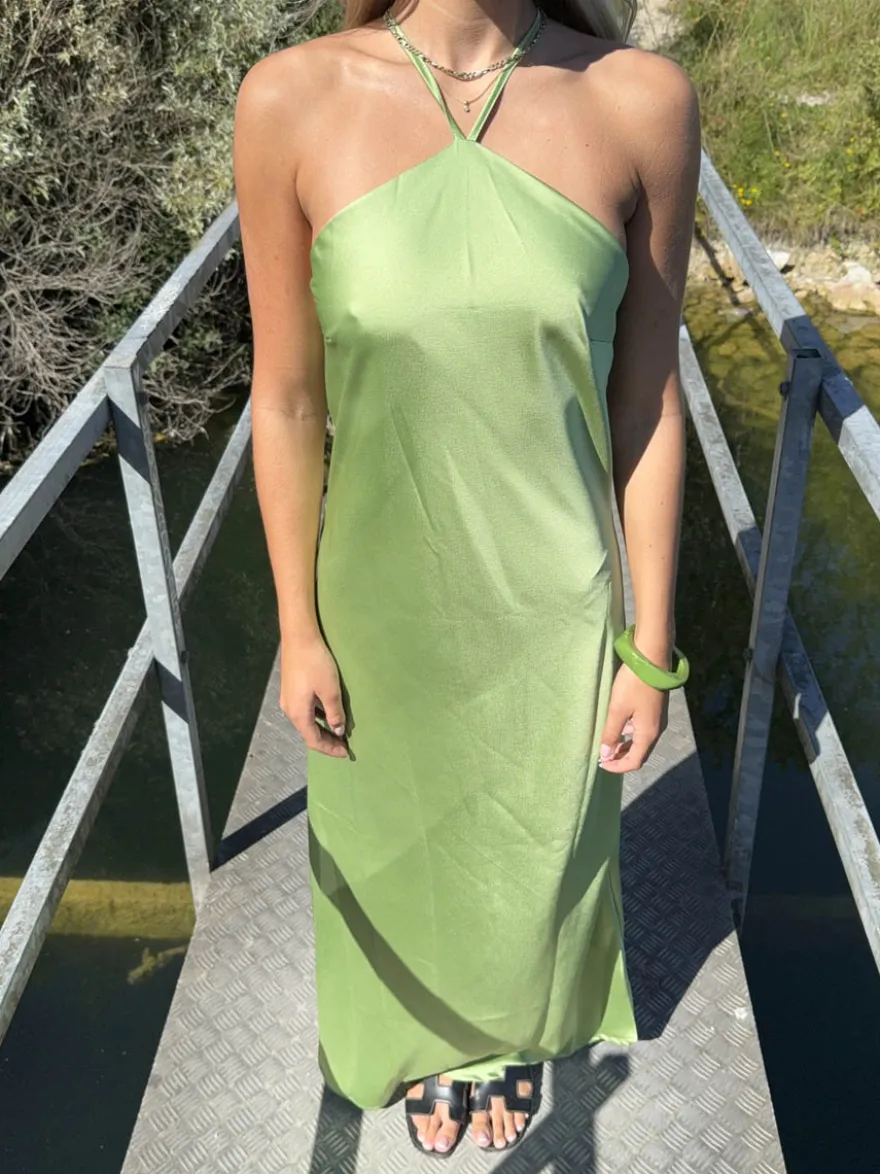 Design By Si Talia halterneck kjole i satin - Grøn Online
