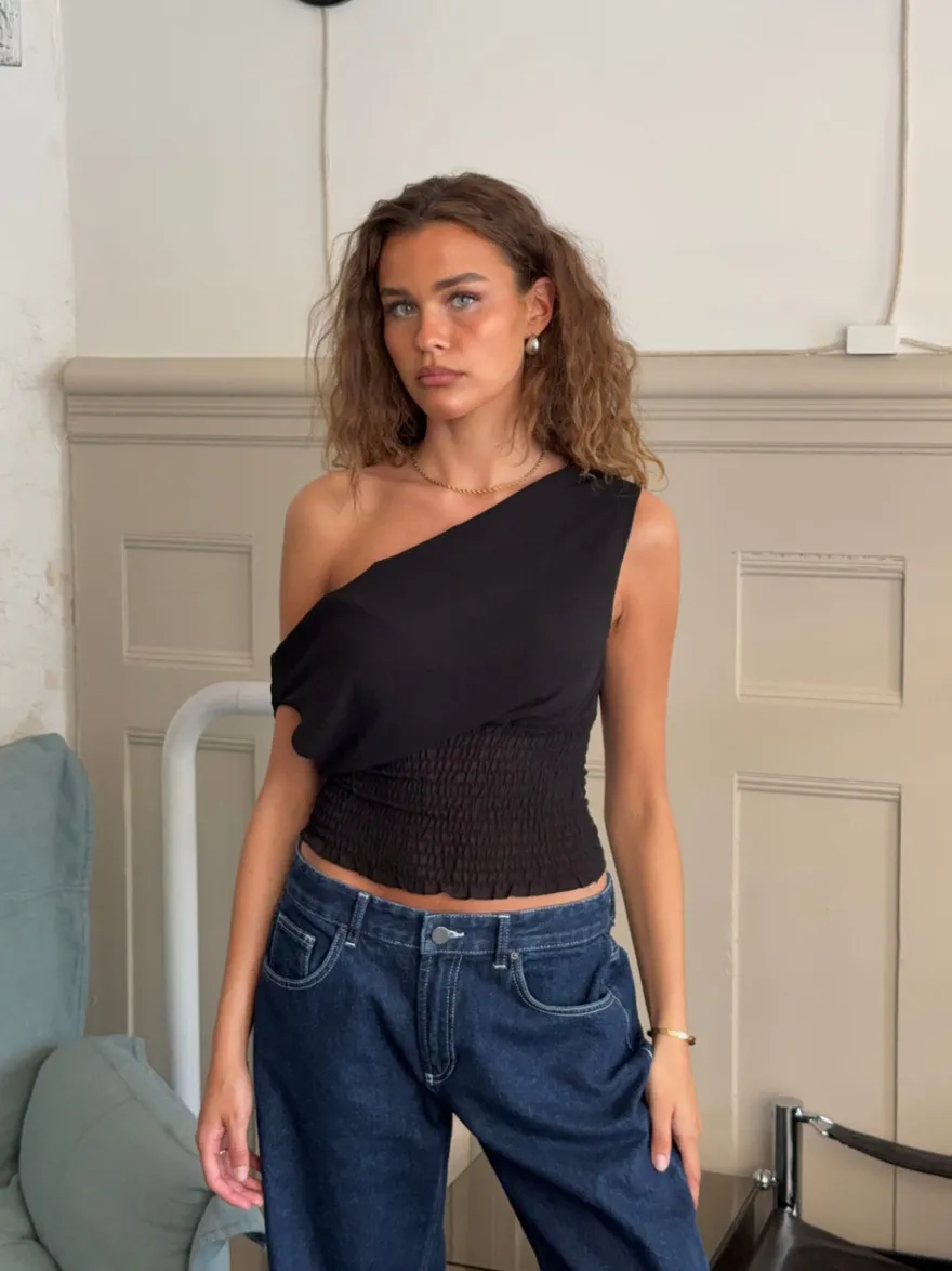 Design By Si Tanua one shoulder top med smock - Sort New