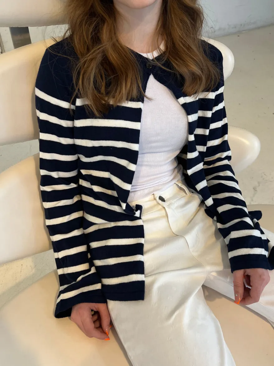 Design By Si Xenia cardigan med striber - Navy/hvid Outlet